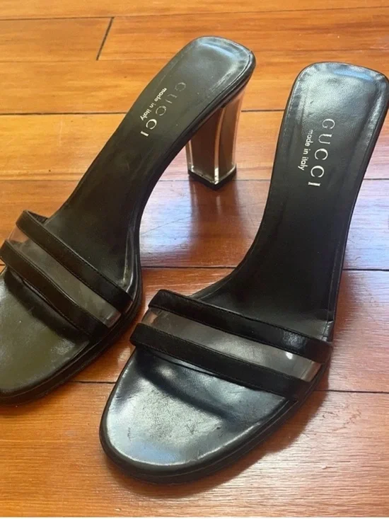 Auth Gucci black Leather Clear Mules block heel lucite vintage sandal 7.5 - Picture 8 of 8